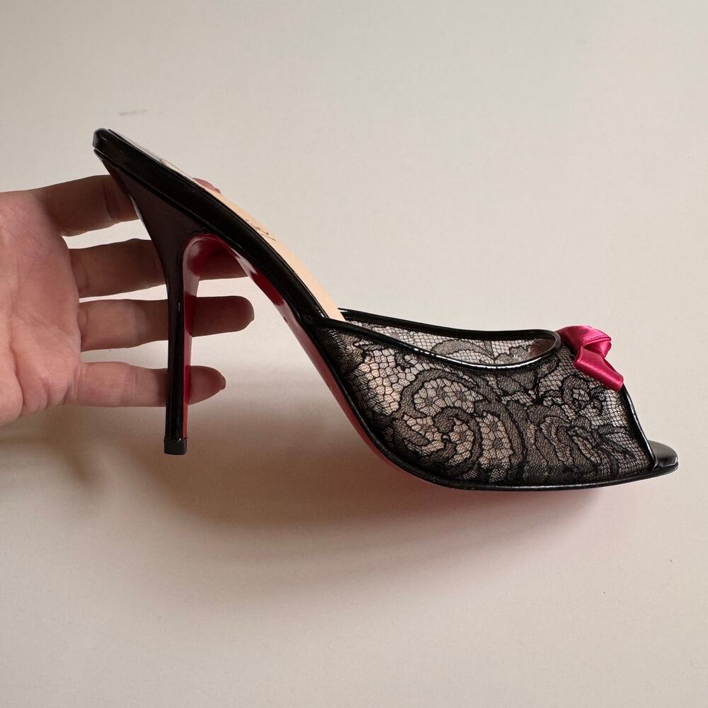 Christian Louboutin Black Lace Pink Accent Bow Peep Toe Mule Slide Size 39 US 9 - Picture 5 of 16